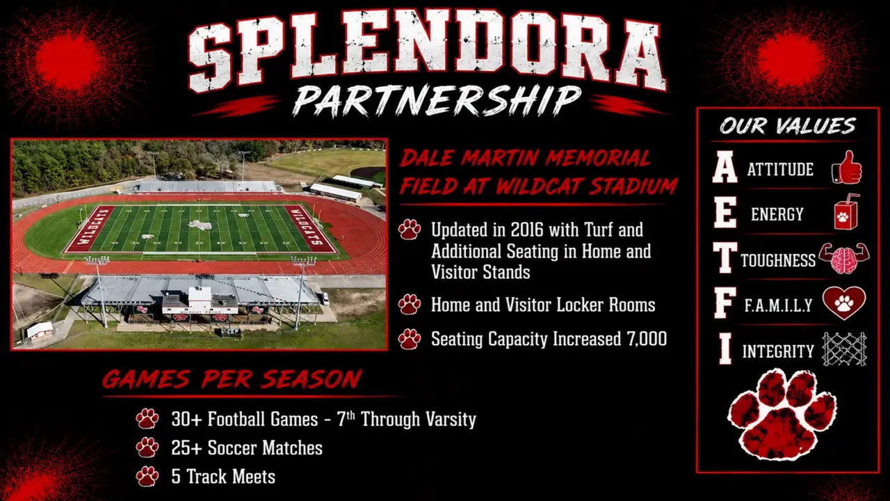 Splendora Partnership slide with aerial view of stadium and event totals for football soccer and track