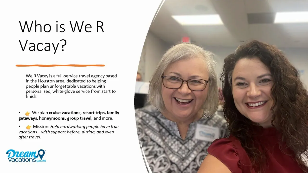 Slide titled 'Who is We R Vacay?' showing bullet points about services and a photo of two smiling travel agents.