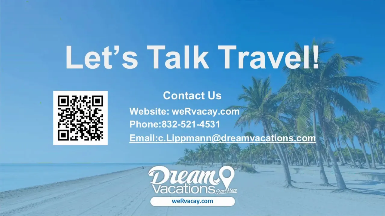 Dream Vacations contact slide with QR code and beach background - website and phone visible