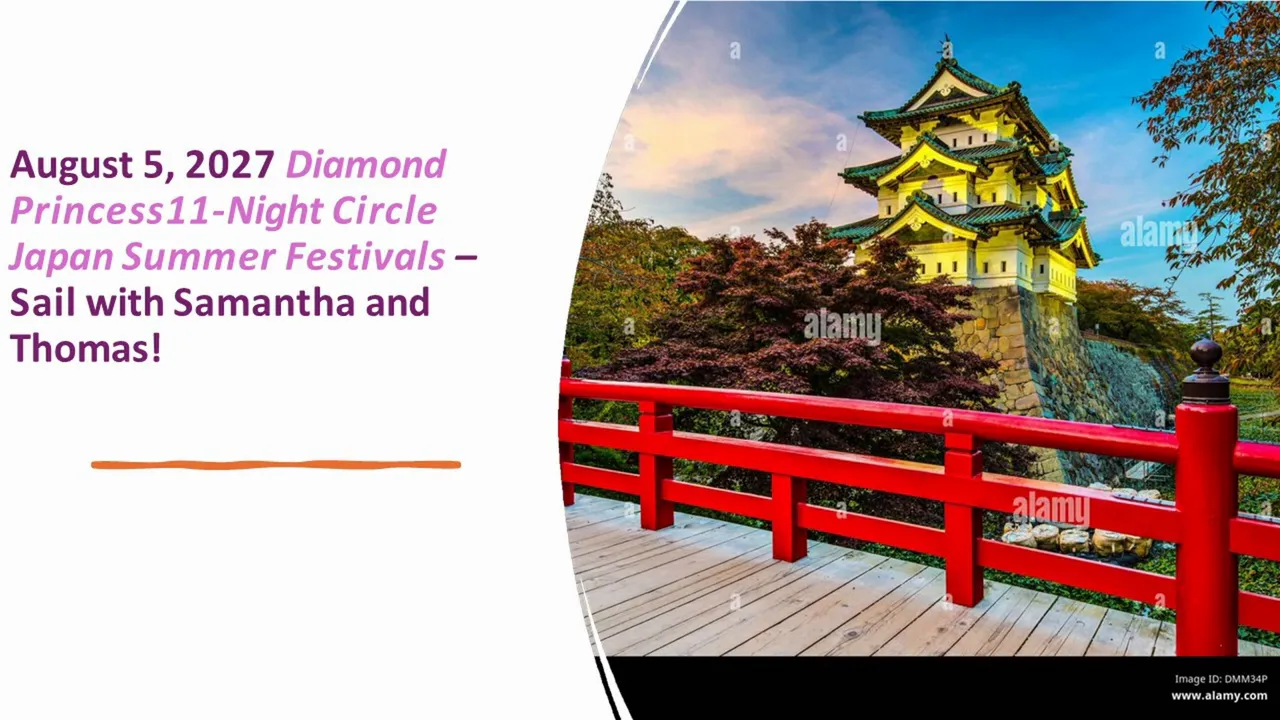 Presentation slide showing Japan Summer Festivals cruise announcement with red bridge and castle image