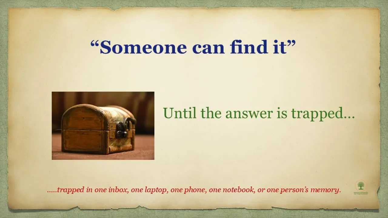 Close-up slide showing “Someone can find it” and warning that answers can be trapped in one inbox or person’s memory