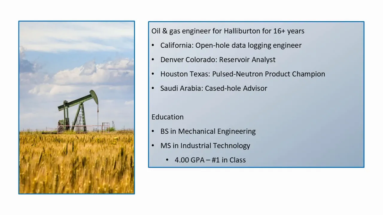 Speaker on stage describing oil and gas engineering background