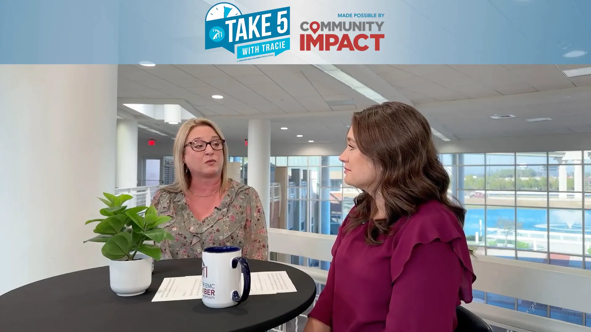Side-by-side interview frame showing Cheri explaining to the host; table with plant and mug in foreground and large windows in the back.
