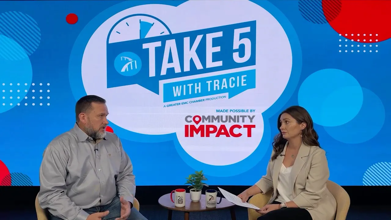 Podcast studio conversation on “Take 5” with Tracie and Travis Schmidt discussing warning signs of domestic violence