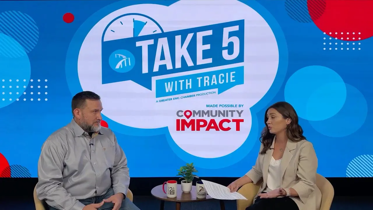 Tracie and Travis Schmidt speaking during Take 5 with Tracie interview about domestic violence awareness