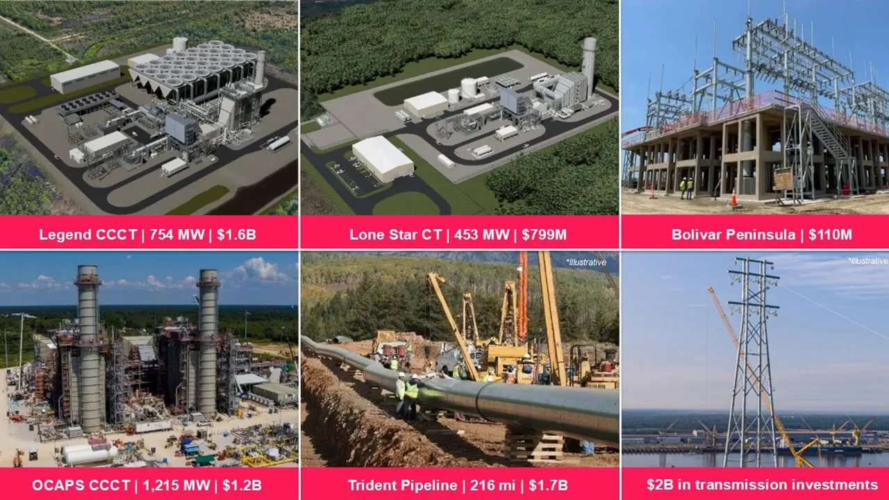 Collage showing Entergy project renderings and construction photos with labels and estimated MW and cost figures for Legend, Lone Star, OCAP, Trident Pipeline and a $2B transmission program.