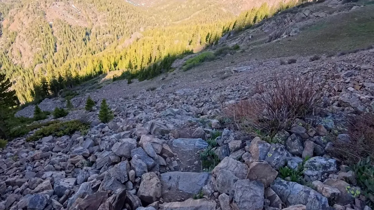 Narrow trail crossing a steep rocky slope above a forested valley