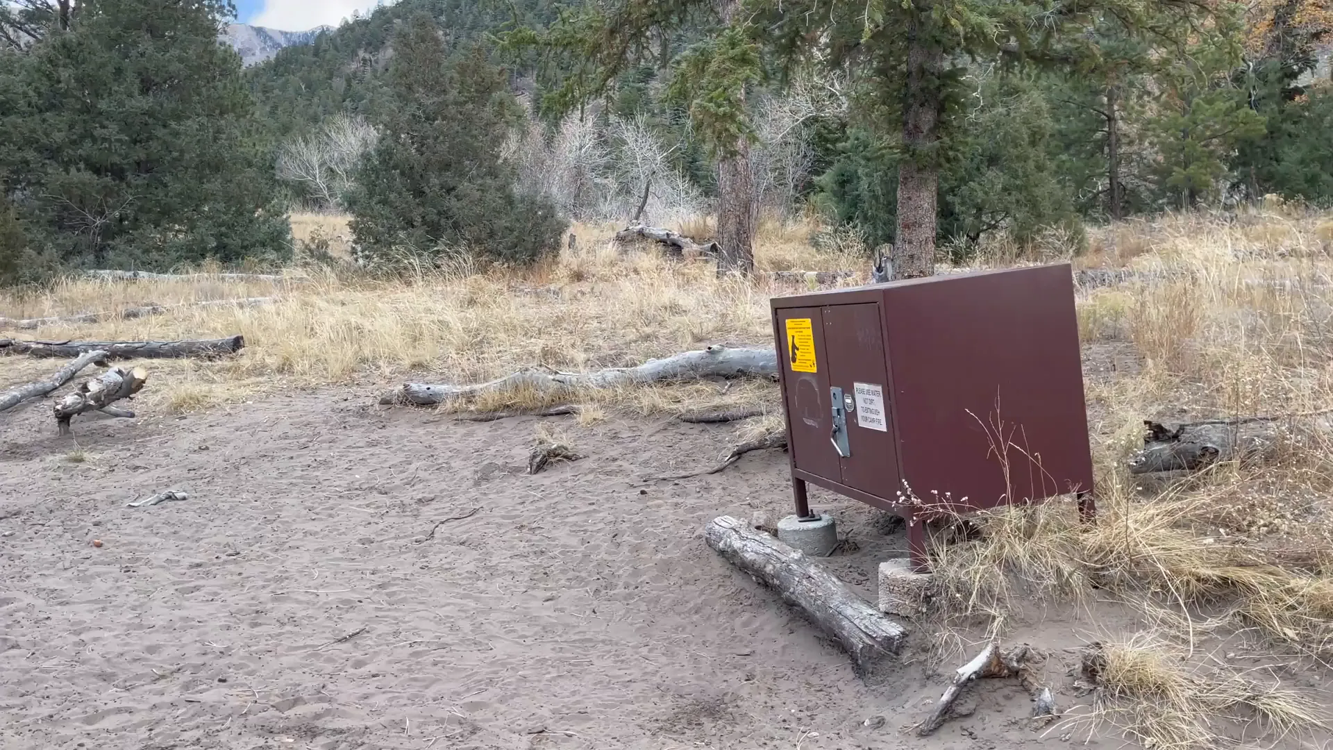 Designated primitive campsite with a fire pit and bear box