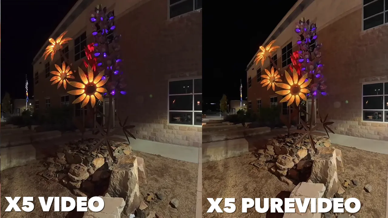 Side-by-side low light comparison showing Pure Video improvement on X5