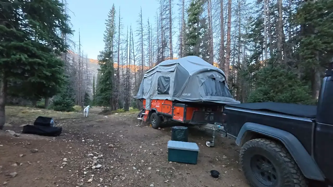 Jeep Gladiator parked at campsite on Billing Lake Trail after failing to start