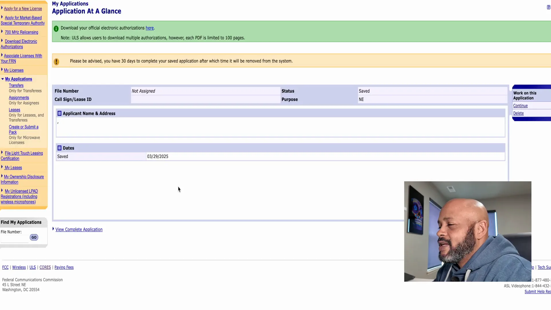FCC licensing website showing application process for GMRS license