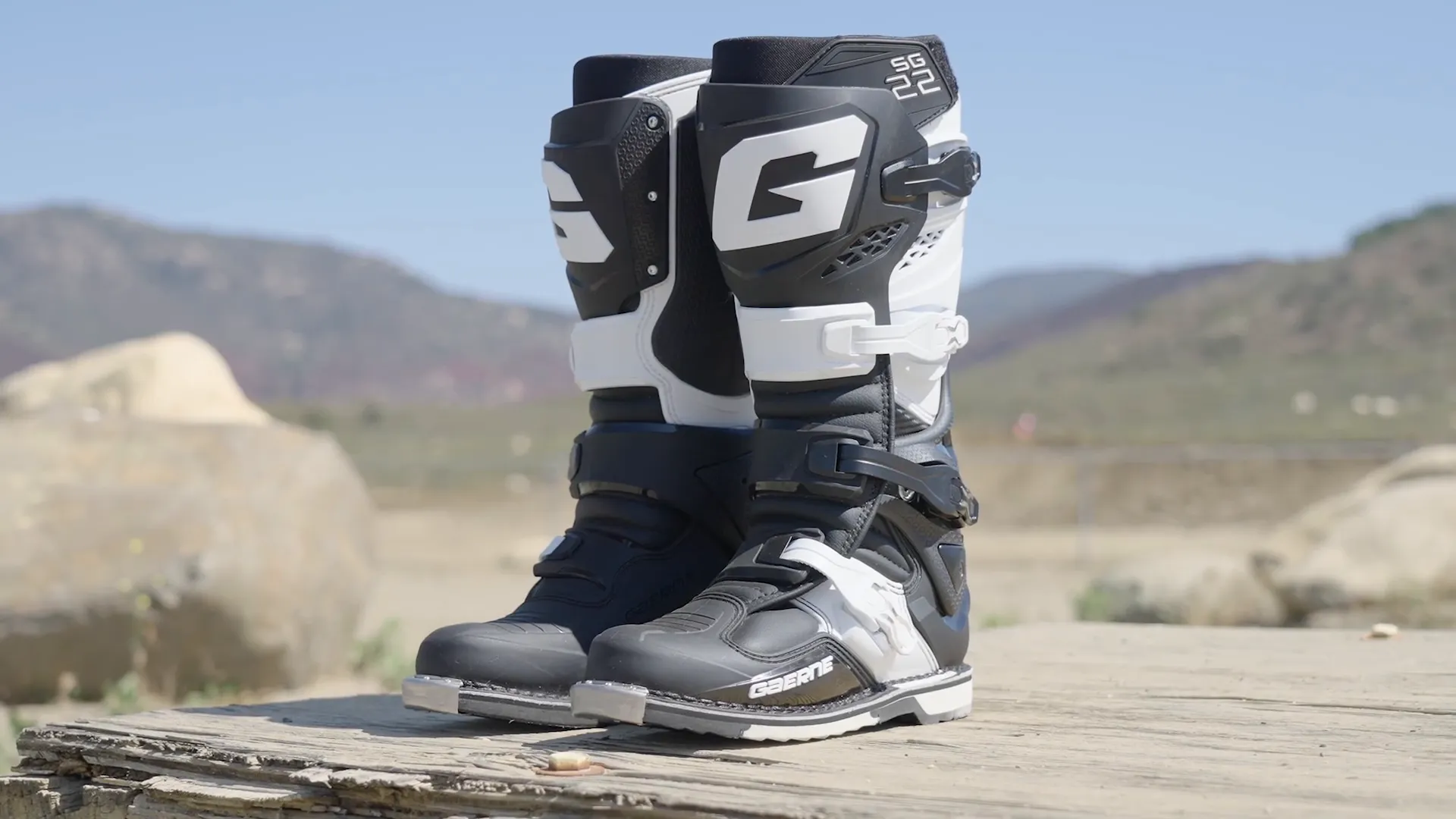 Close-up of Gaerne SG22 motocross boot with buckle system