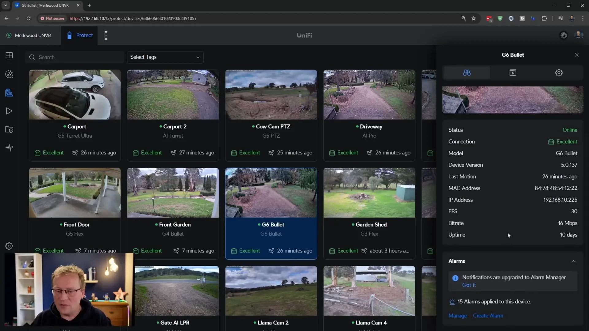 G6 Bullet camera interface showing settings and alarms