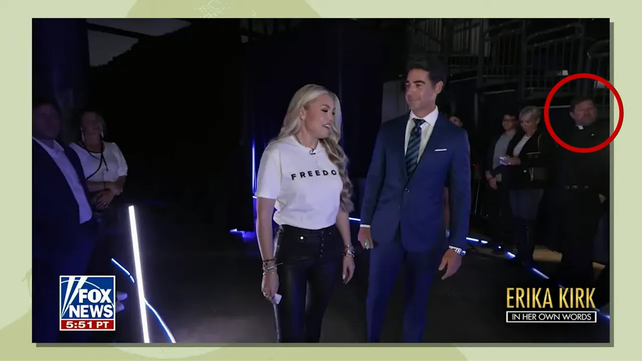 A priest walking backstage behind Erica Kirk