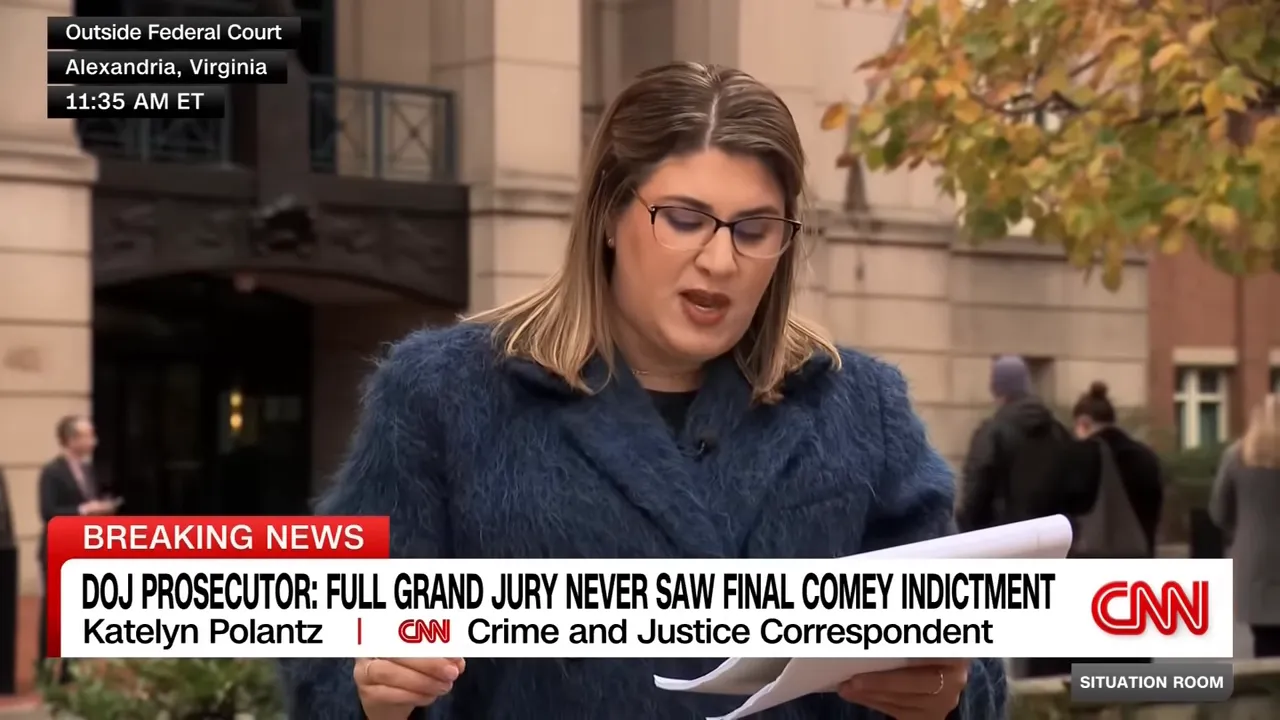 TV correspondent reading notes outside Alexandria federal courthouse with CNN lower third reporting that the full grand jury never saw the final indictment.