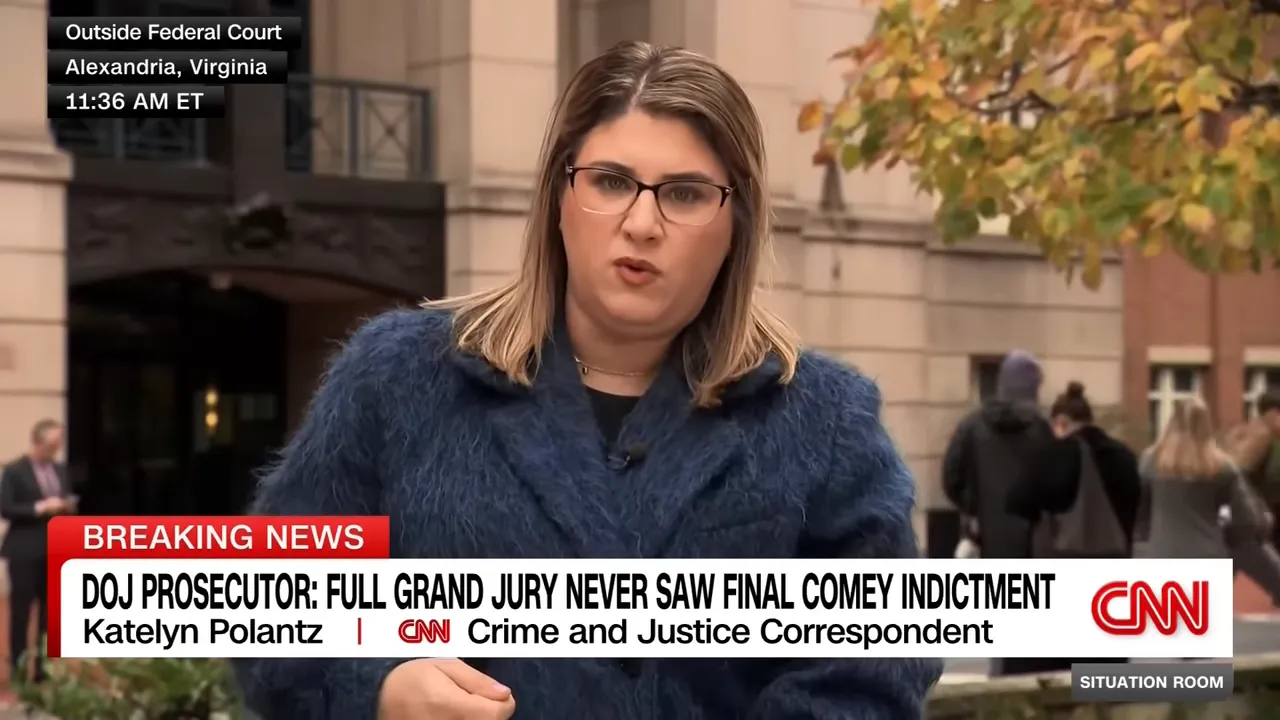 CNN correspondent Katelyn Polantz speaking to camera outside the Alexandria federal courthouse with a 'Breaking News' chyron about the grand jury indictment.