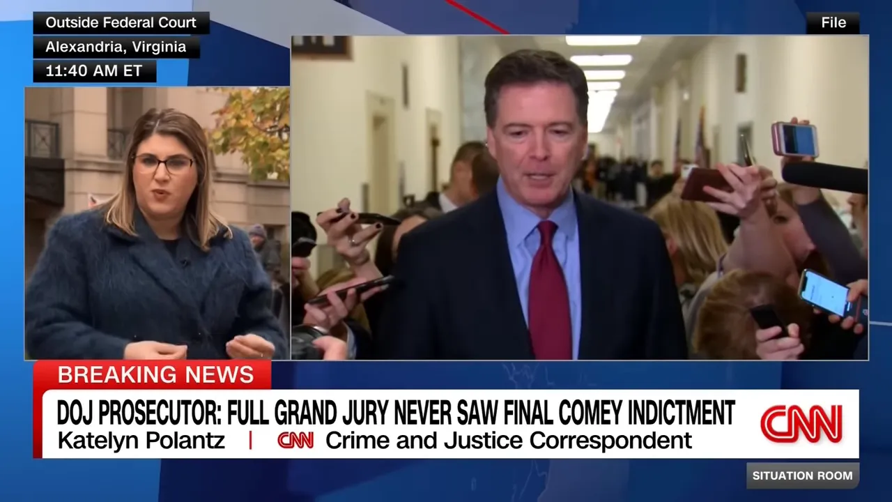 Wide split-screen news frame showing a correspondent outside a federal courthouse alongside a crisp hallway scene of an official moving through a crowd of reporters.