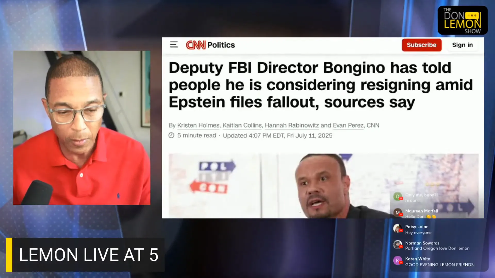 News headline about Dan Bongino considering resignation over Epstein files