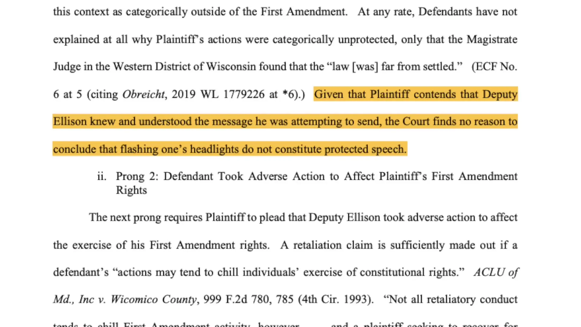 Court ruling on flashing headlights as protected speech
