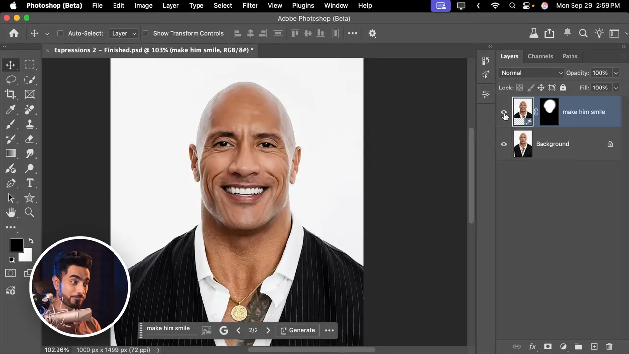 Expression change example: making a subject smile