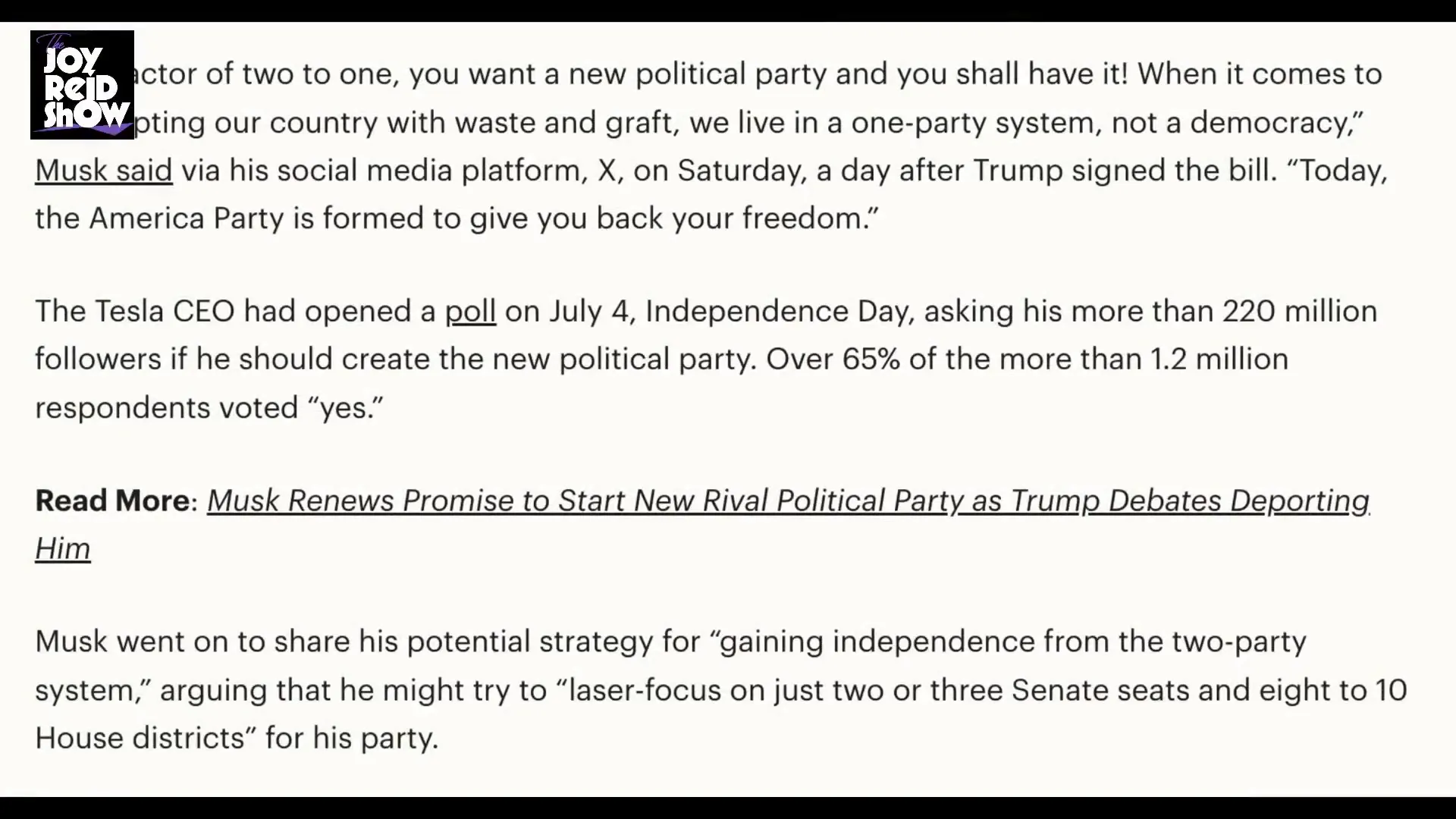 Elon Musk announces poll for new political party