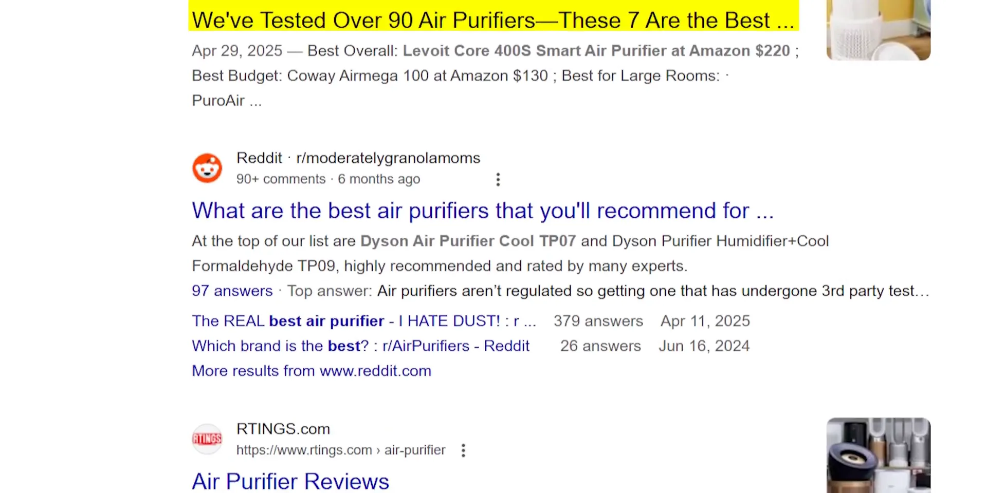 Example of affiliate-driven top ten air purifier listicles