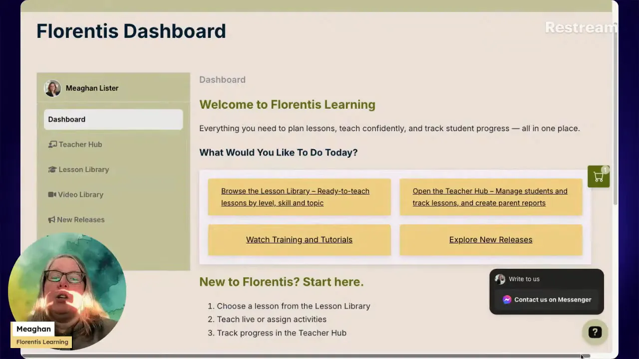 Florentis dashboard welcome screen with navigation on the left and a contact widget open in the lower right, plus instructor webcam overlay