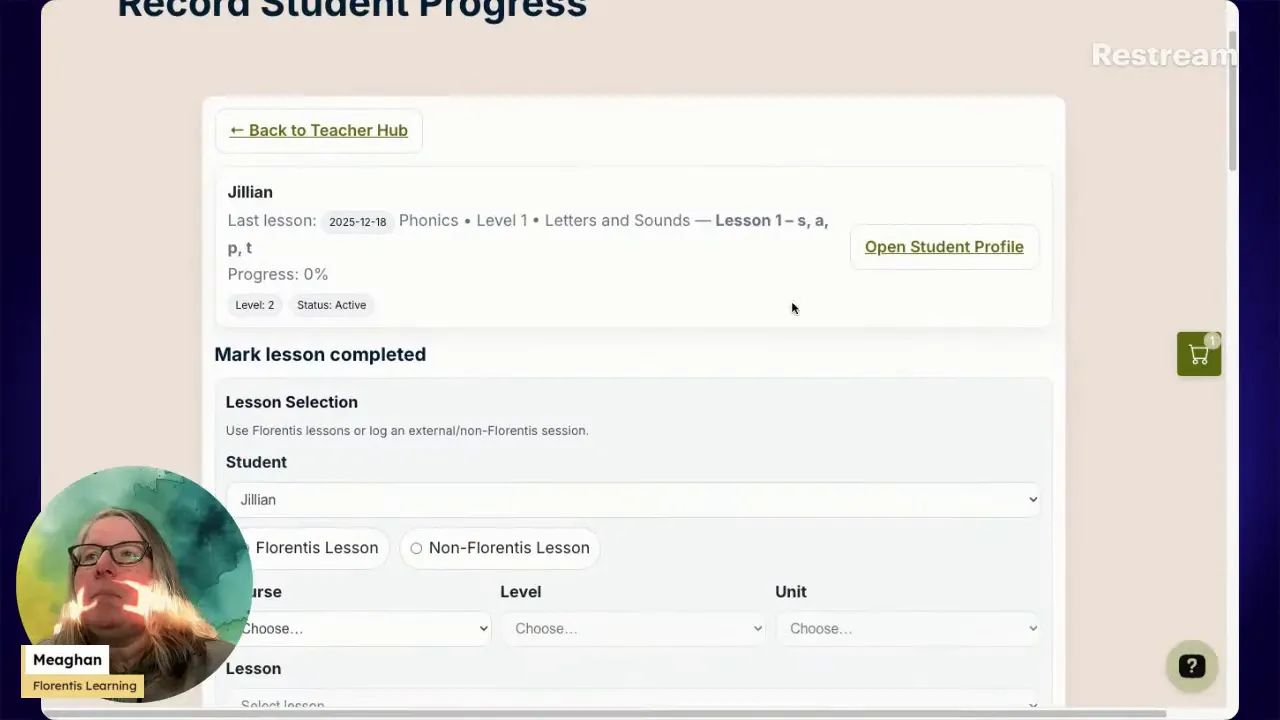 Record Student Progress form in the Teacher Hub with lesson selection and progress fields