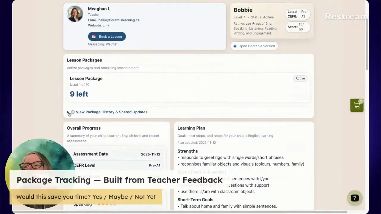 Parent report screen showing lesson package (9 left), overall progress and learning plan