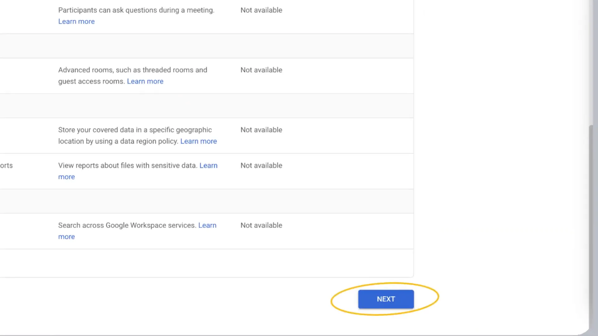 Tela de revisão do impacto do downgrade