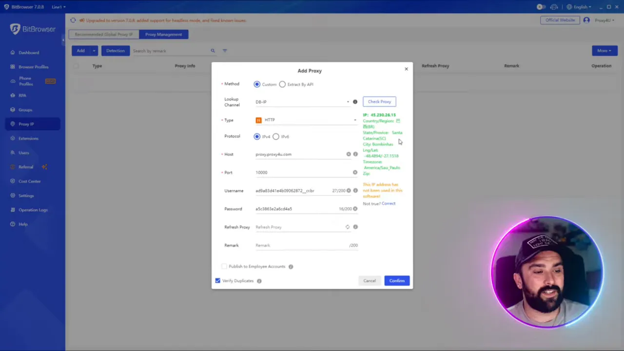BitBrowser confirming proxy IP and geolocation details