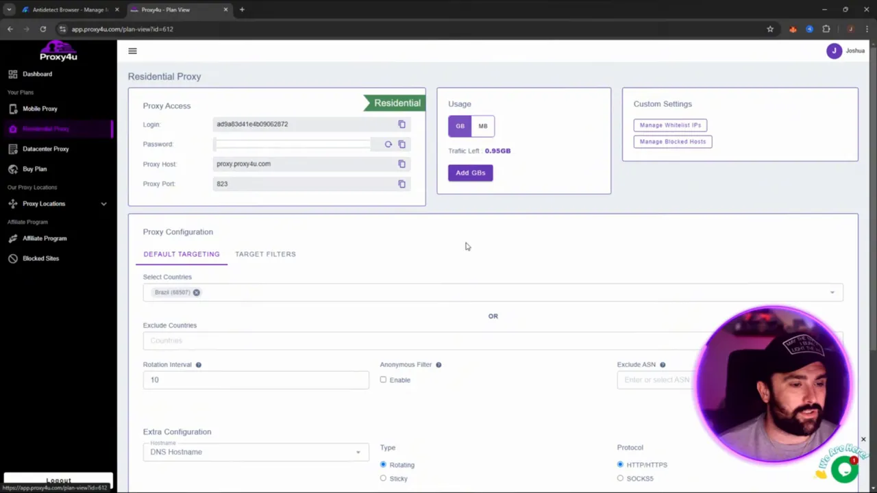 Proxy4U dashboard with residential proxy selected