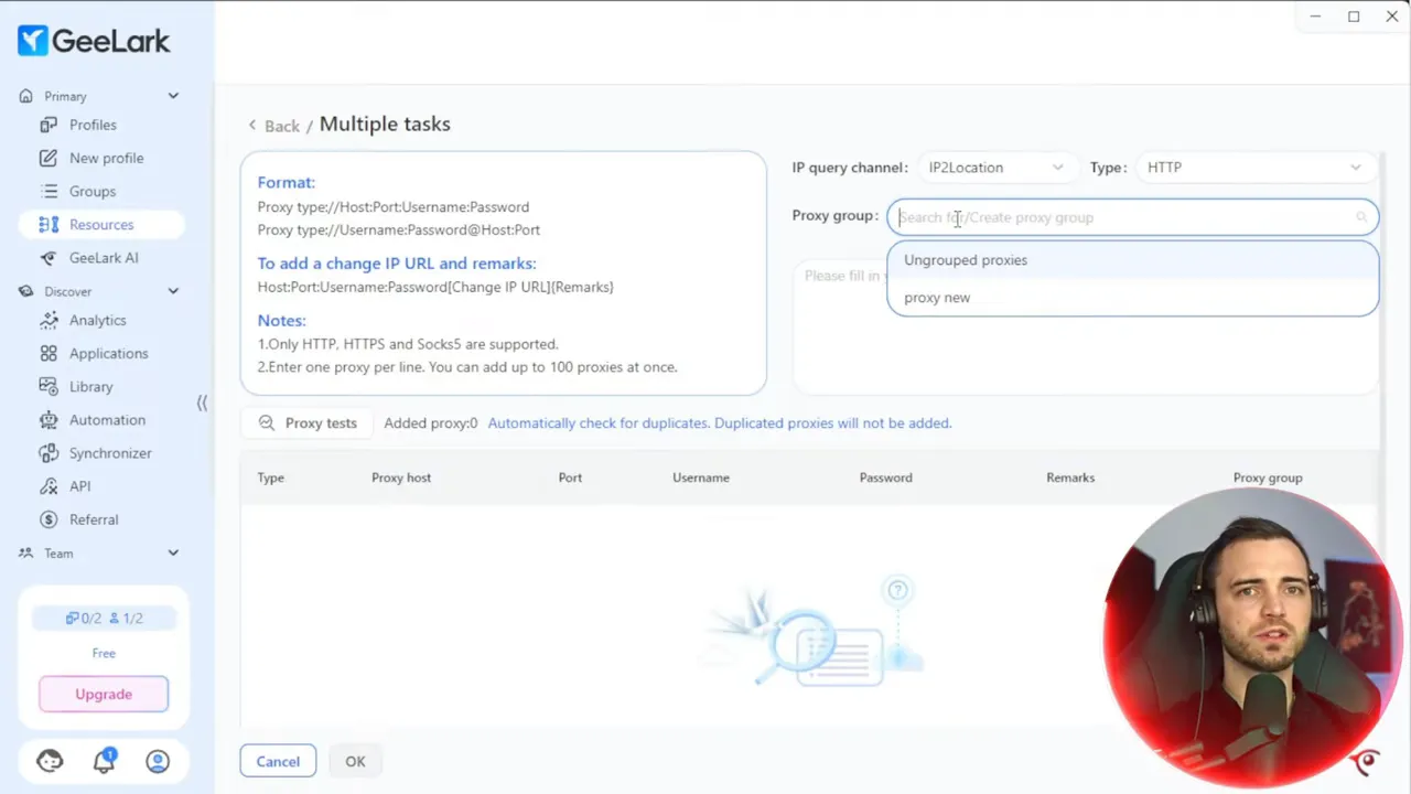 GeeLark multiple tasks screen with Proxy group dropdown open showing 'Ungrouped proxies' and Type set to HTTP