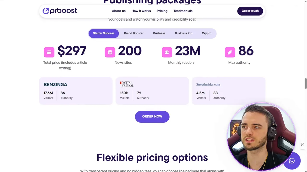 Order screen showing $300 starter package and site choices