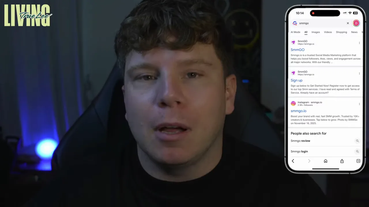 Inset phone screenshot showing search results with smmgo.io and SmmGO listing alongside presenter