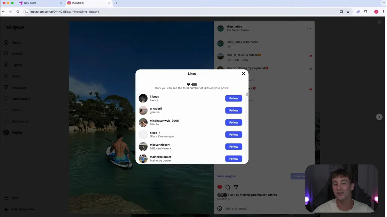 instagram likes popup showing a list of users and a total of 400 likes