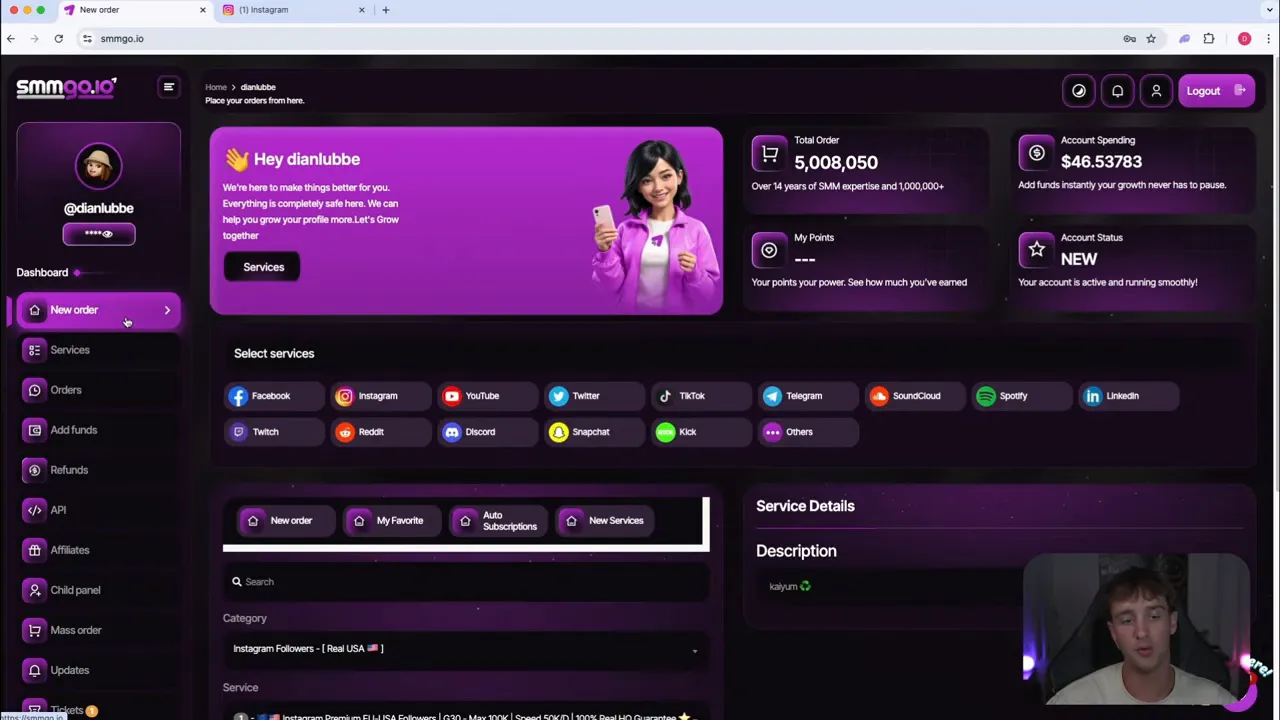 New order button highlighted on SMM panel with service icons and order form area