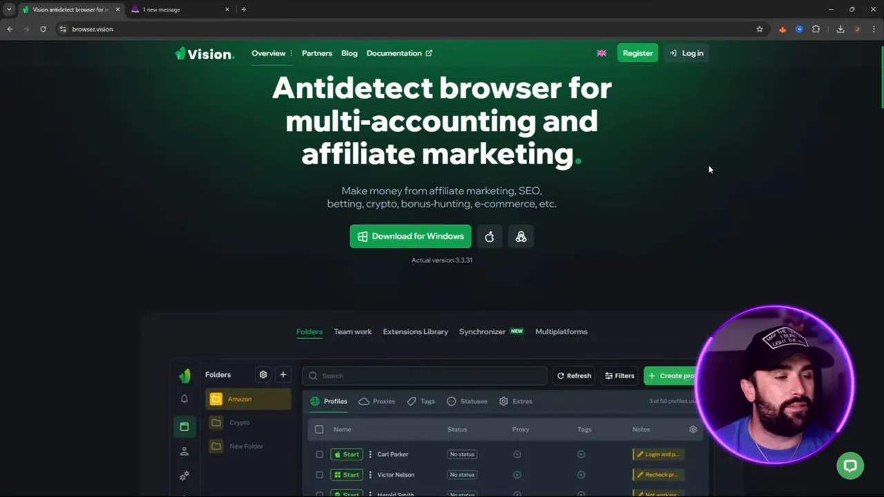 Vision Browser homepage and overview screen