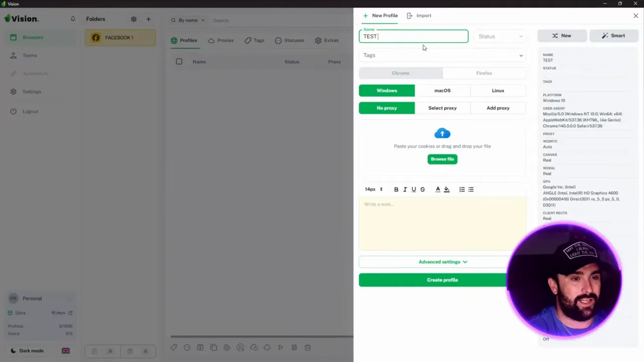 Creating a new folder and profile inside Vision Browser