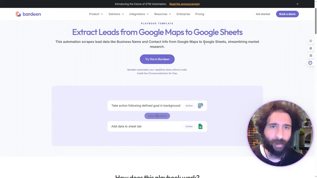 Bardeen website showing Google Maps to Sheets functionality