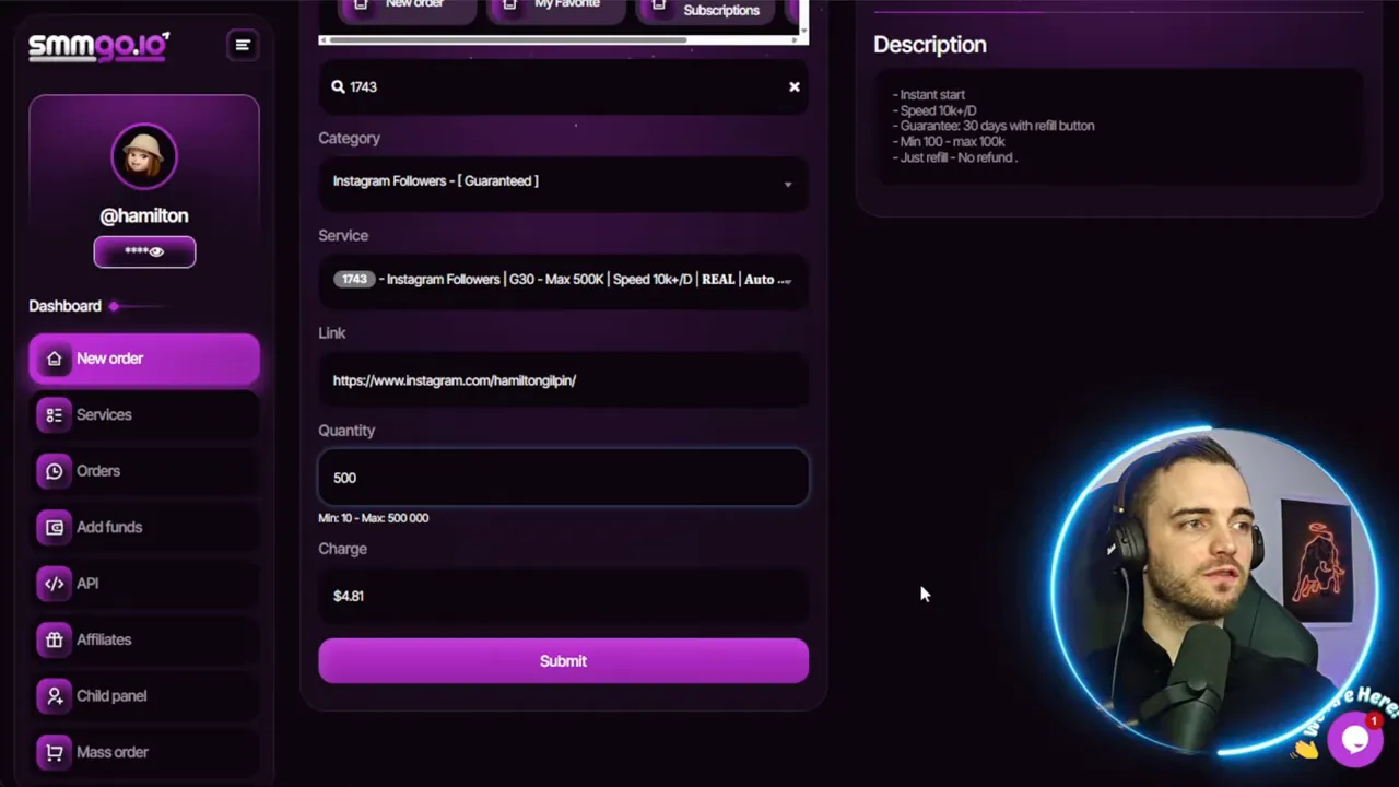 placing an Instagram followers order on smmgo