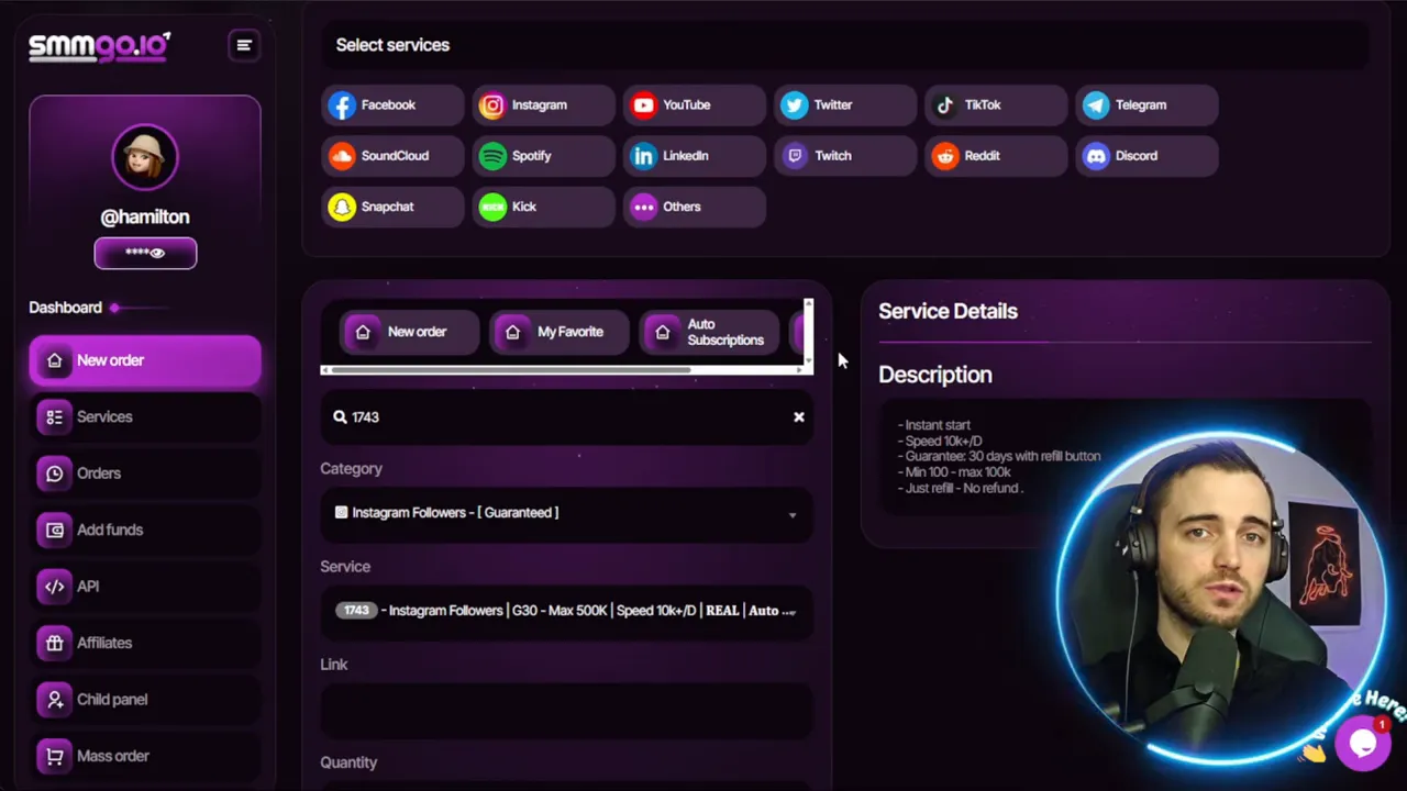 smmgo platform dashboard showing social media services