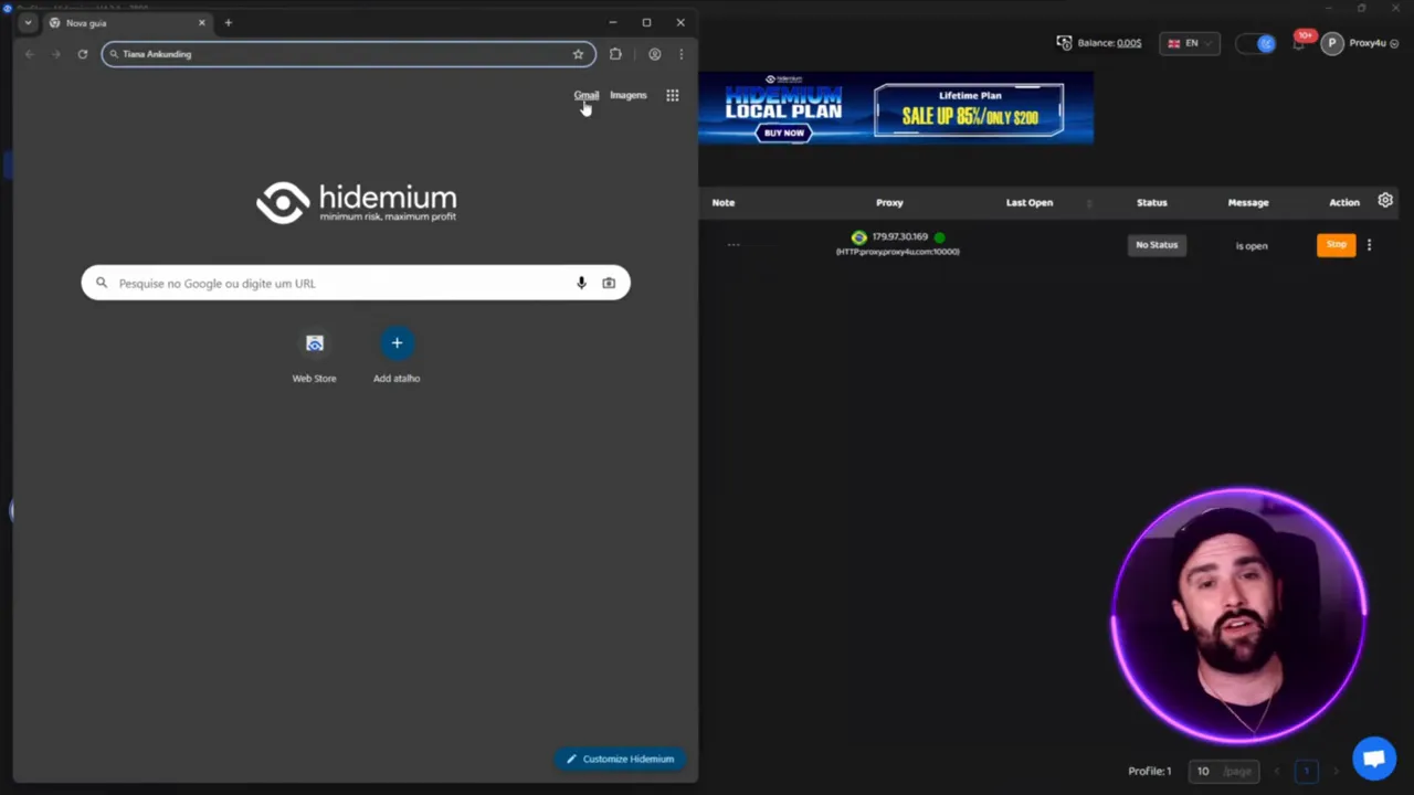 Hideium browser opened with Brazilian IP via Proxy4U