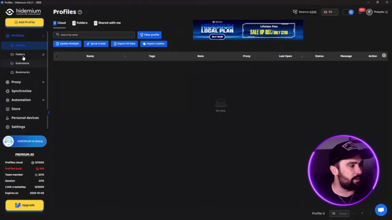 Hideium dashboard showing profiles and proxy menu