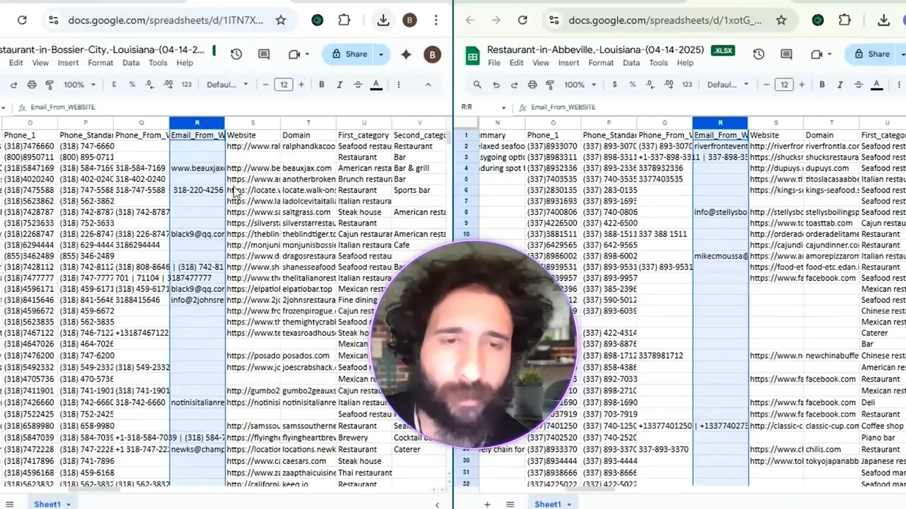 Downloaded XLS spreadsheet showing restaurant leads and contact information
