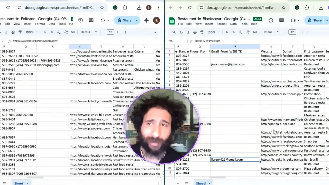 Exported Google Sheet showing scraped leads with emails and phones