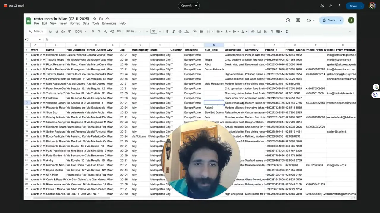 Exported CSV opened in Google Sheets with scraped leads
