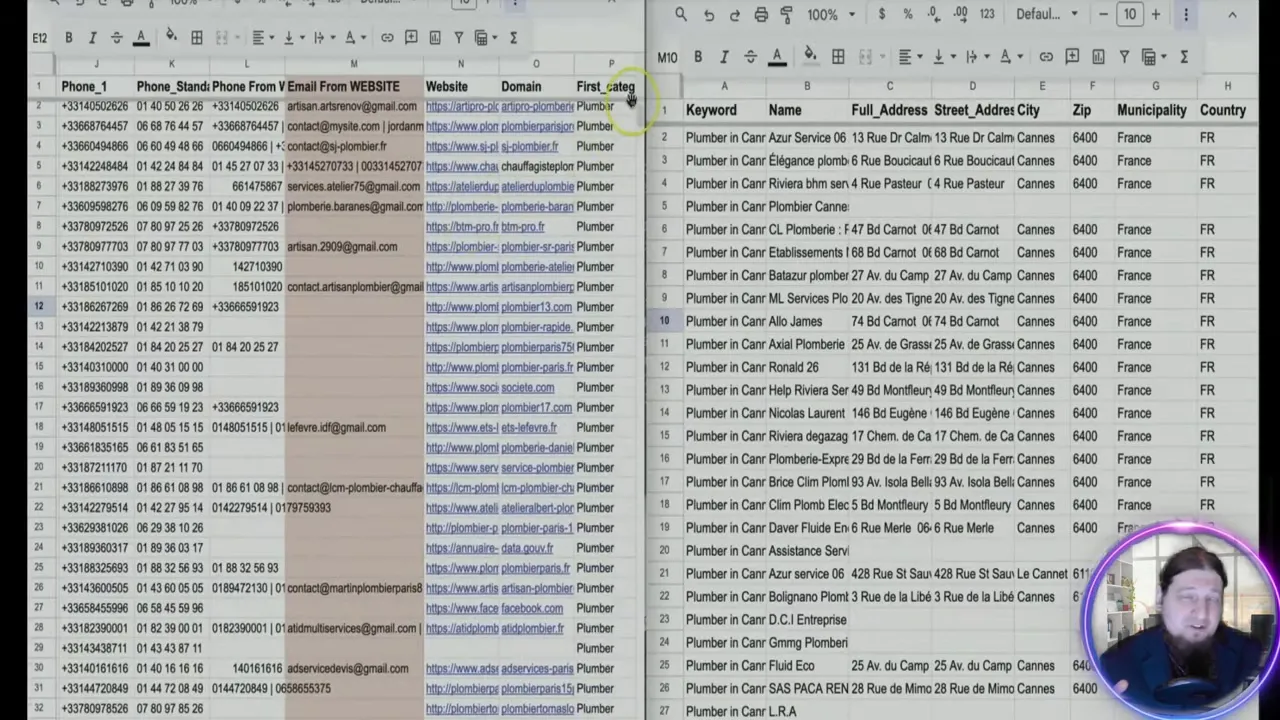 Lead Sniper export to Google Sheets showing business names, phones, emails