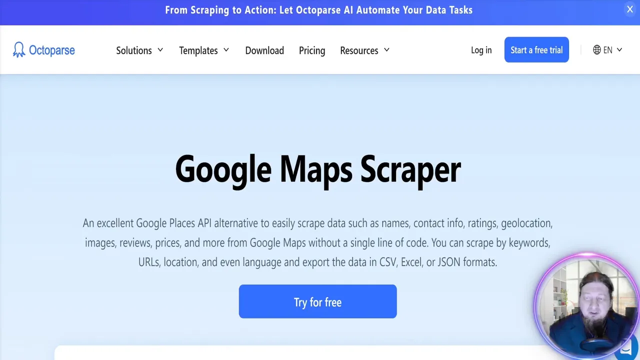 Octoparse Google Maps scraper interface showing features