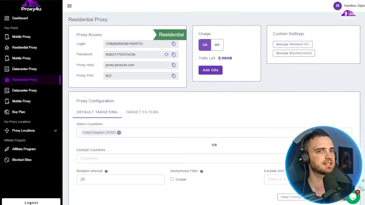 Proxy4U Residential Proxy page showing proxy login, password, proxy host and port and proxy configuration options